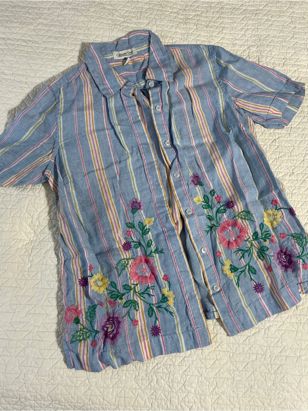 Coldwater Creek Blue Striped Button-Down Shirt with Floral Embroidery